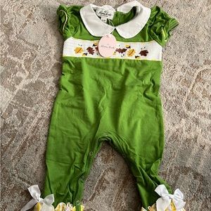 Marie Nicole clothing 1 pc smocked and embroidered leaves romper 12-18m NWT